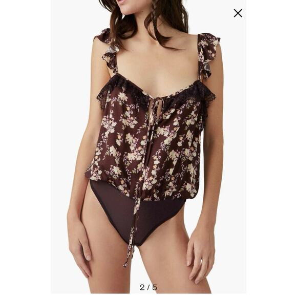 Intimately Free People Chocolate Brown Floral Ruffle Strap Tank Bodysuit Size XS - Picture 2 of 15